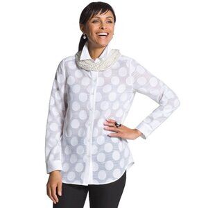 CHICO'S Blouse Women's XL 16 White Shirt Polka Dot Textured Button Down Beachy